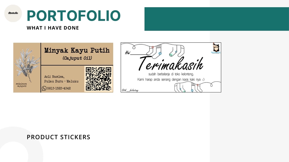 Contoh desain kartu nama dengan logo dan informasi kontak untuk usaha minyak kayu putih