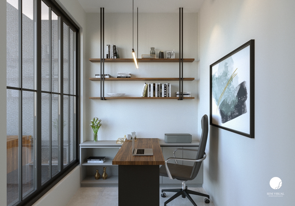Desain interior kantor minimalis dengan meja kerja dan rak dinding, cocok untuk desain interior kantor minimalis modern.