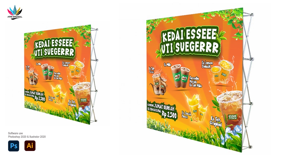 Spanduk untuk usaha minuman teh dengan desain kreatif dan menarik, cocok untuk toko minuman, cafe, atau warung minum.