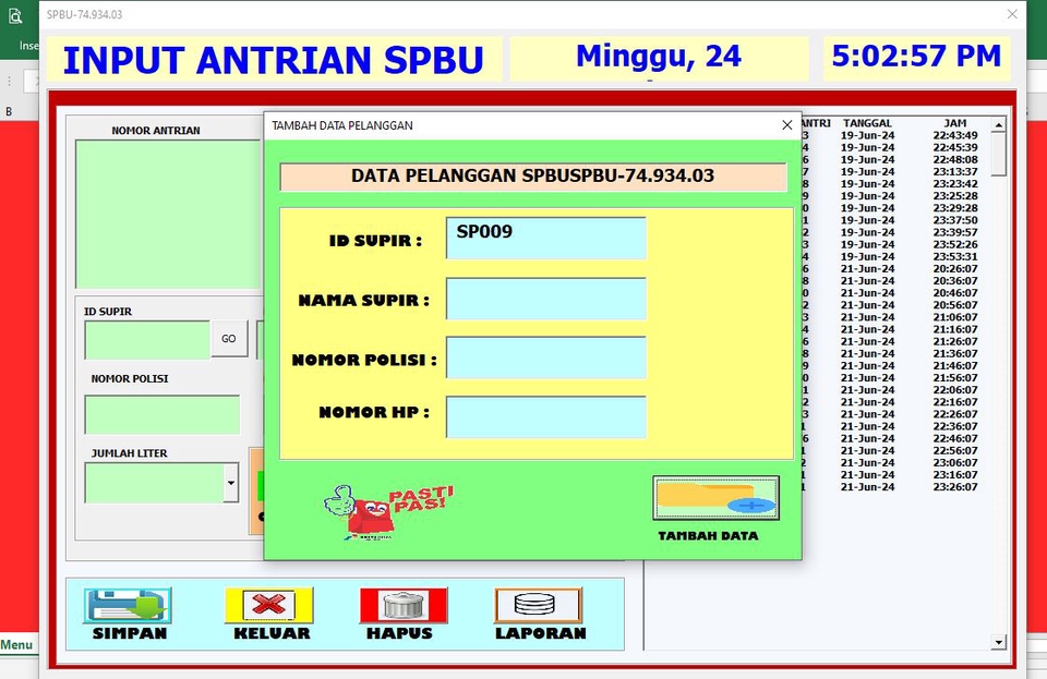 Jasa pembuatan aplikasi desktop SPBU dengan fitur input antrian, data pelanggan, dan detail transaksi.