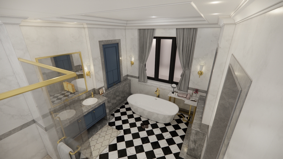 Desain interior kamar mandi minimalis dengan bathtub dan wastafel, jasa desain interior rumah, desain interior apartemen, desain interior kantor, desain cafe, desain warung, desain toko, desain ruko, desain stand pameran, desain kios.