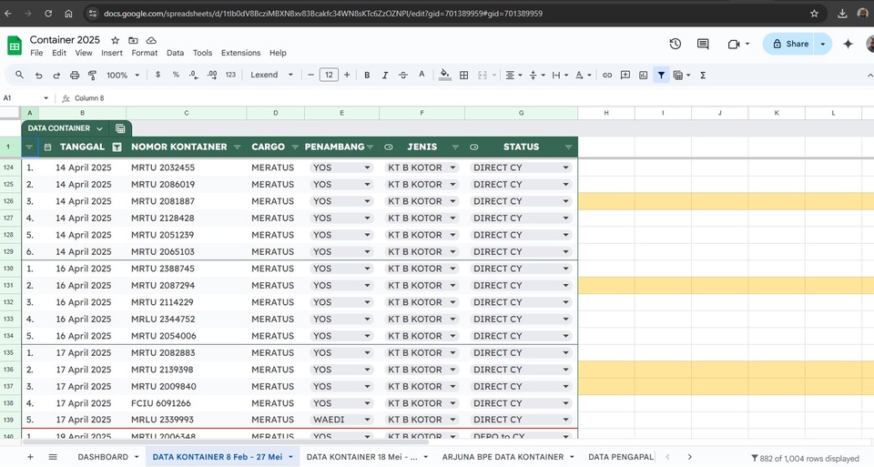 Jasa entry data excel online: Data kontainer April-Mei 2025. Input data akurat dan cepat.