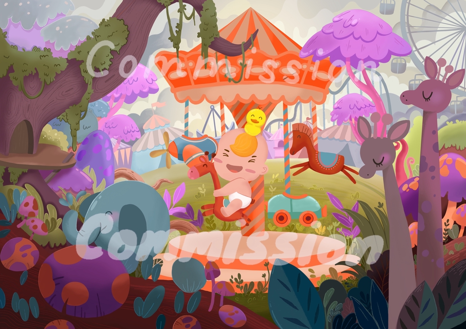 Ilustrasi kartun lucu hewan di taman bermain dengan latar belakang warna-warna cerah.