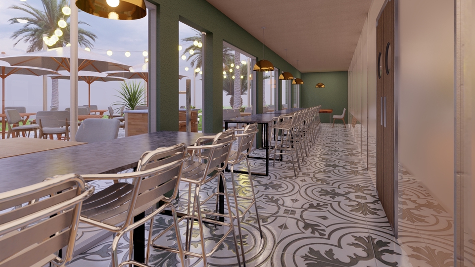 Jasa desain interior cafe minimalis dengan desain meja dan kursi modern untuk ruang makan.