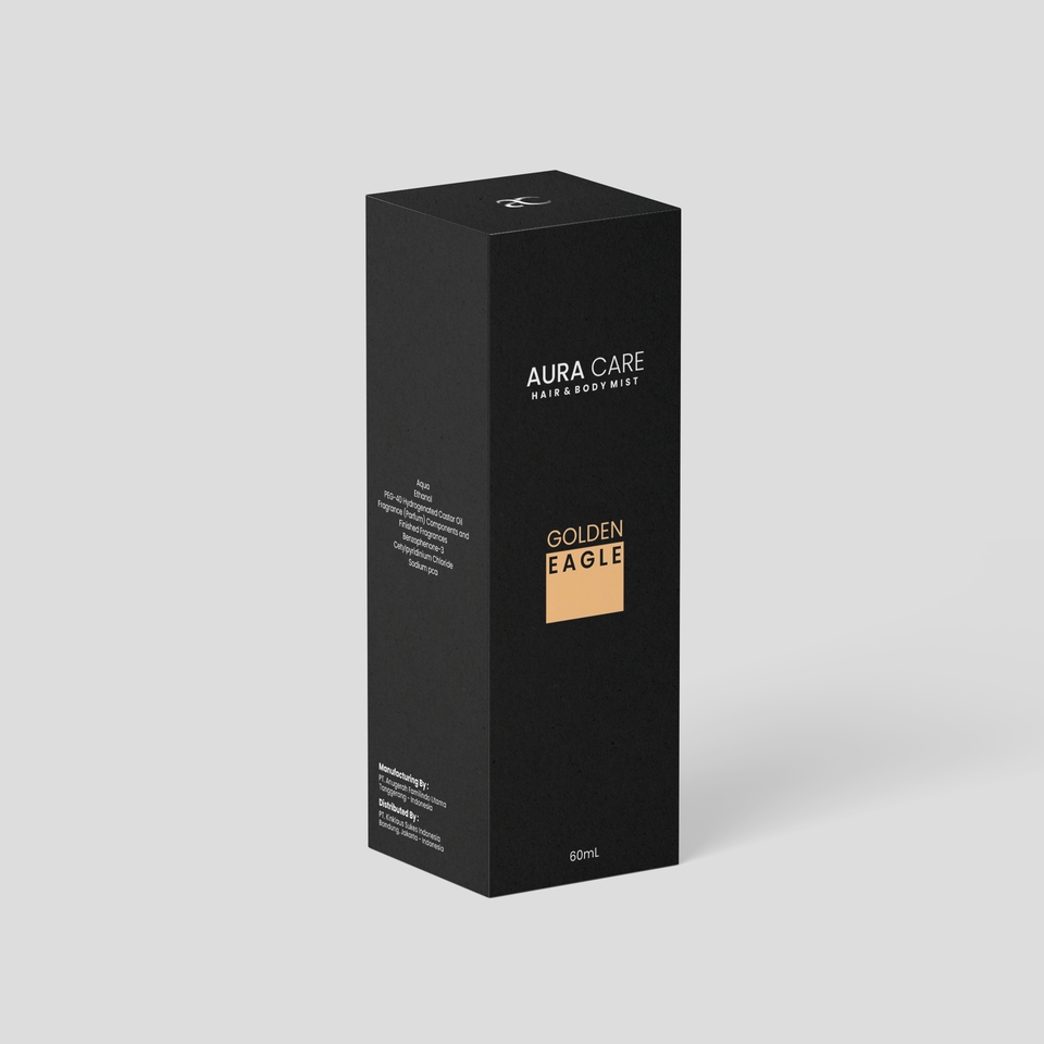 Desain kemasan unik Golden Eagle, produk hair & body mist dengan nuansa elegan dan profesional. Jasa desain kemasan produk bisa Anda dapatkan di platform freelancing kami.