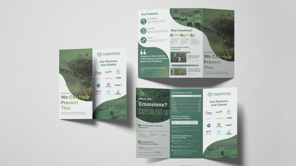 Desain brosur perusahaan Fairatmos, jasa desain brosur online dan cetak, solusi ramah lingkungan.