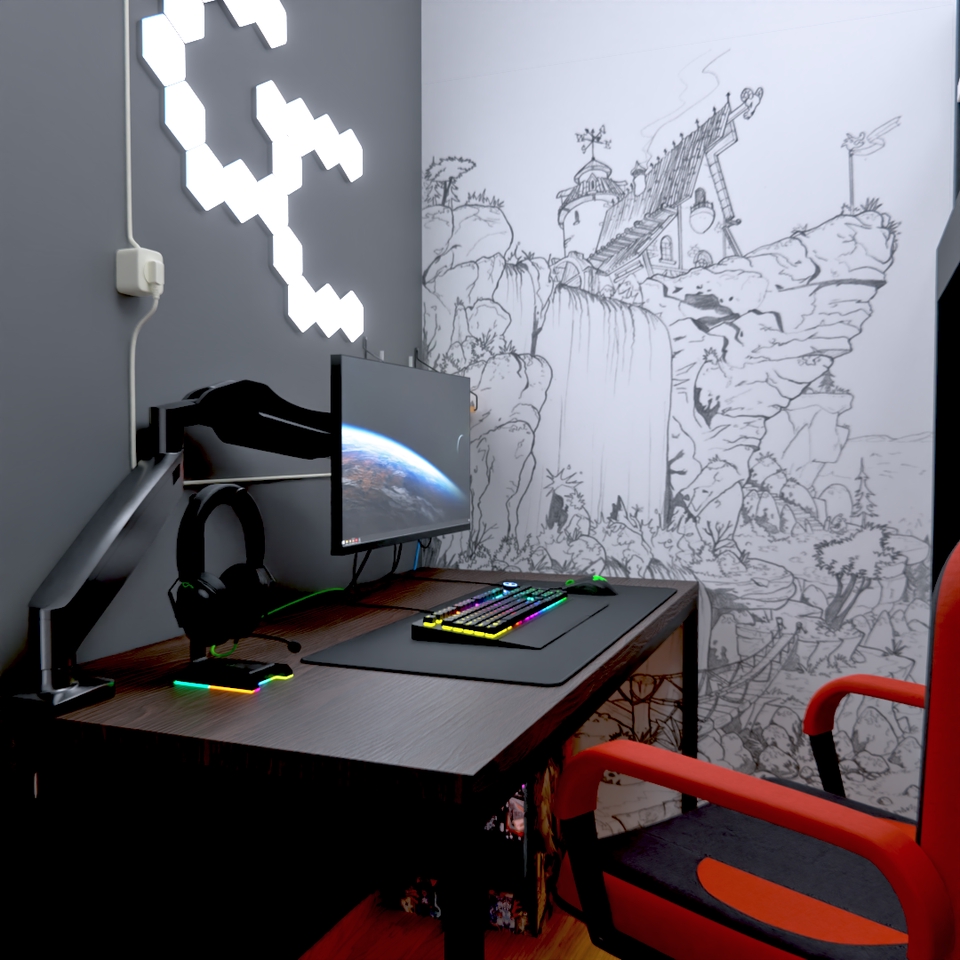 Jasa desain interior untuk ruangan kerja dengan monitor dan keyboard gaming.