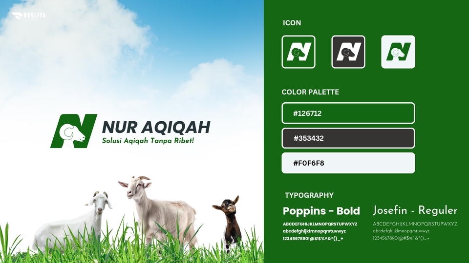 Jasa desain logo Nur Aqiqah, solusi aqiqah tanpa ribet, logo dengan gambar kambing dan huruf N berwarna hijau.