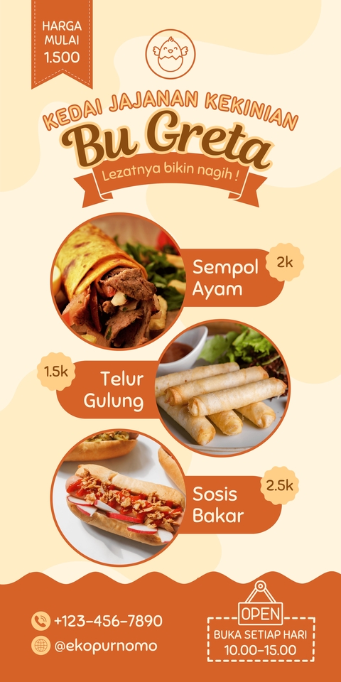 JASA BUAT BANNER INSTAGRAM desain banner online untuk usaha makanan "Bu Greta" dengan gambar menu makanan dan harga, kontak dan jam buka.