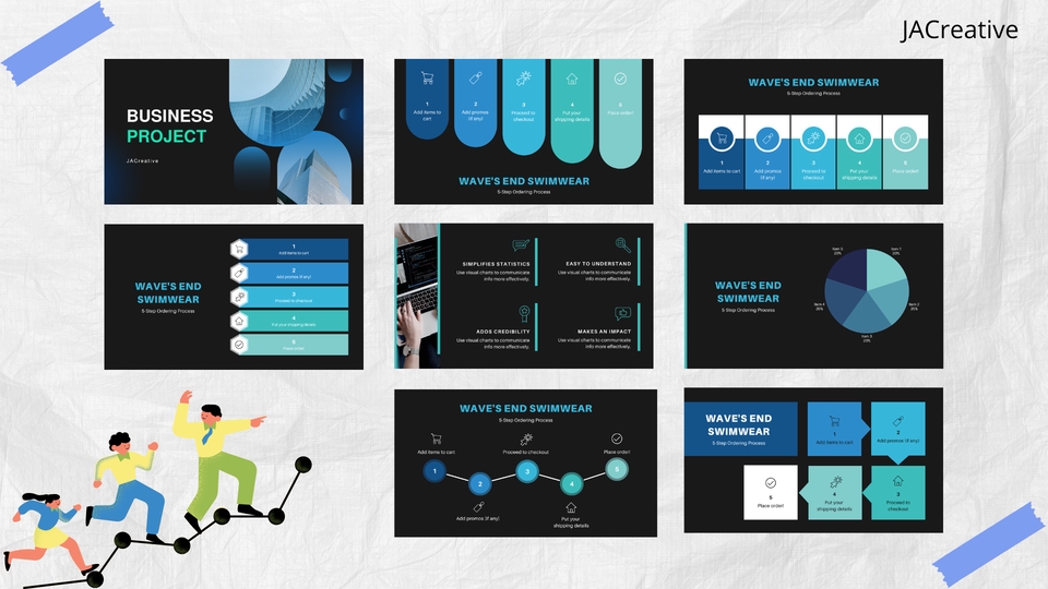 Desain presentasi profesional dan modern untuk perusahaan swimwear, desain powerpoint, jasa presentasi, pembuatan presentasi, slide presentasi.
