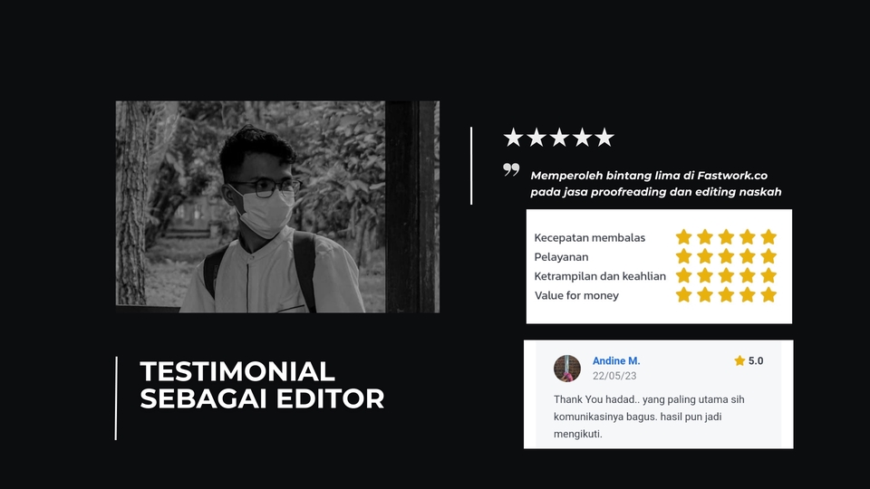 Testimonial pelanggan yang puas menggunakan jasa proofreading dan editing naskah dari Fastwork.co, memberikan rating 5 bintang untuk layanan kecepatan, kualitas, dan value for money.