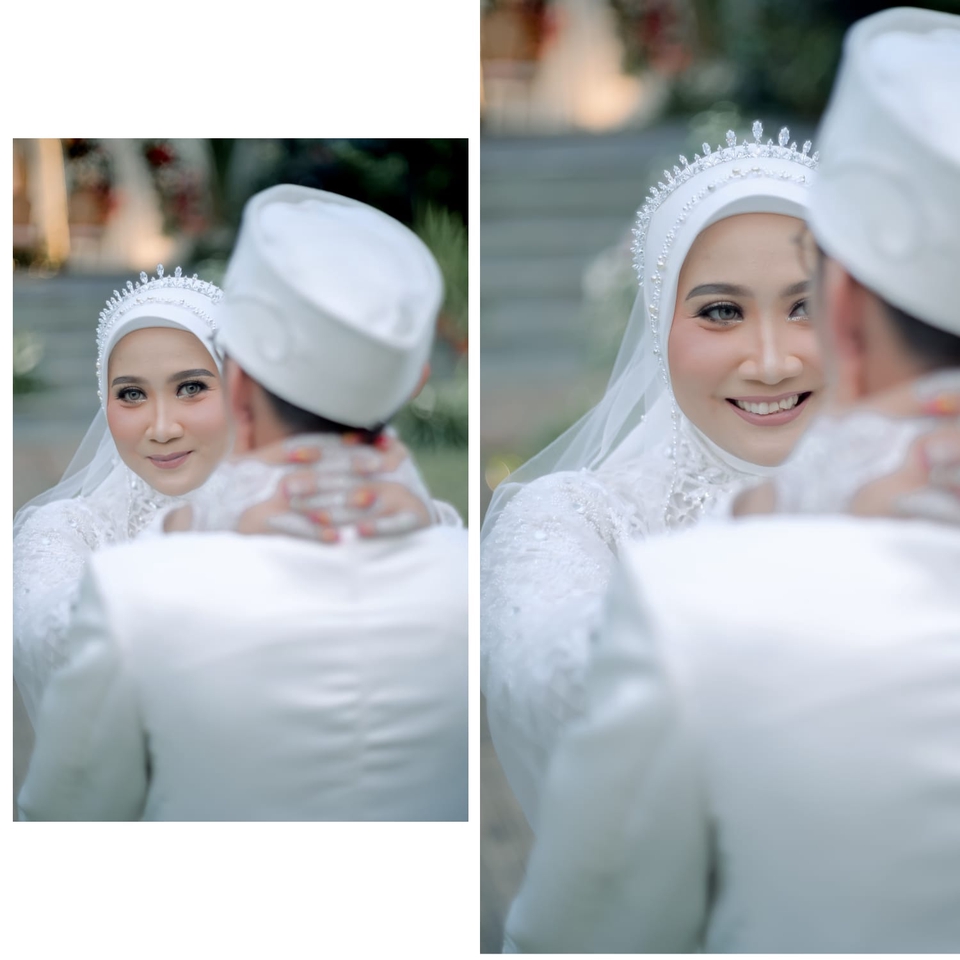 Jasa foto prewedding pasangan muslim dengan background putih.