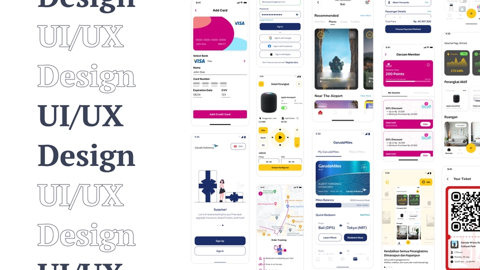 Desain UI UX untuk aplikasi mobile dengan tampilan minimalis dan modern. Desain ini menampilkan  tampilan antarmuka aplikasi yang intuitif dan mudah dinavigasi.