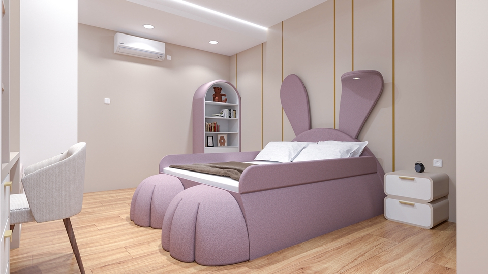 Jasa desain interior kamar anak dengan desain kasur unik berbentuk kelinci 3d