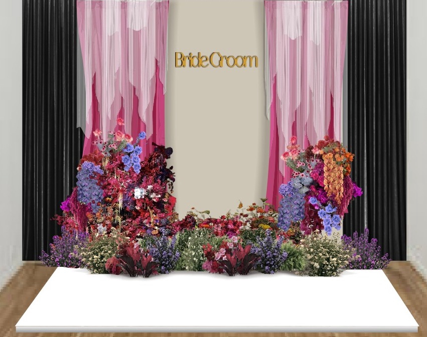 Ilustrasi dekorasi pernikahan dengan tema pink dan bunga-bunga untuk jasa desain ilustrasi pernikahan di Indonesia.