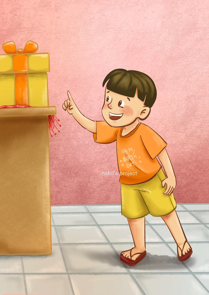 Ilustrasi anak laki laki lucu merayakan ulang tahun dengan kue dan hadiah. jasa ilustrasi ulang tahun desain karakter anak ilustrasi anak laki laki gambar ilustrasi anak.