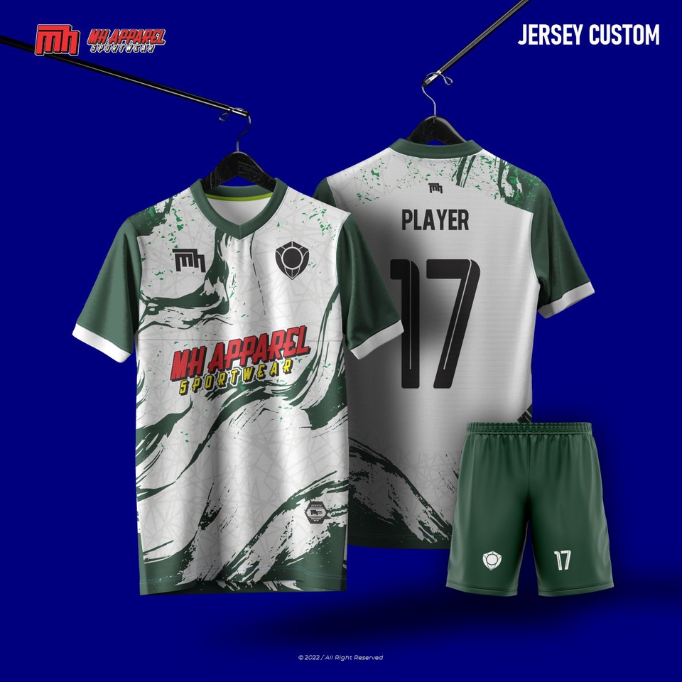 Desain jersey bola custom dengan motif abstrak dan tulisan "MH Apparel Sportswear" dan nomor "17"