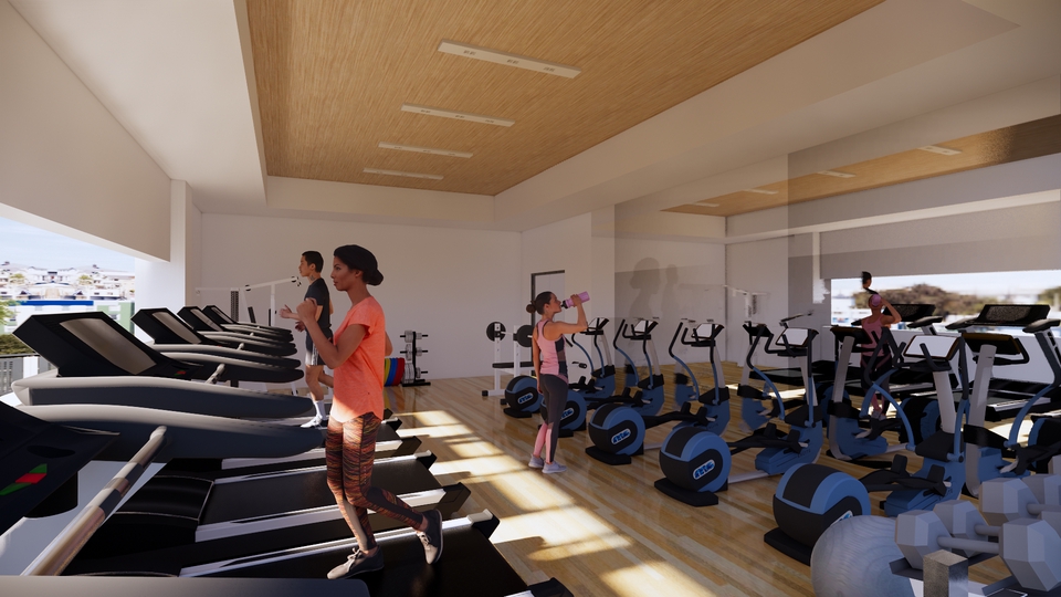 Desain interior gym minimalis dengan berbagai peralatan olahraga seperti treadmill dan sepeda statis, cocok untuk jasa desain interior dan arsitektur.