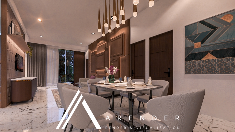 Jasa desain interior dan eksterior 3D untuk rumah minimalis modern dengan desain furnitur dan dekorasi yang menarik.