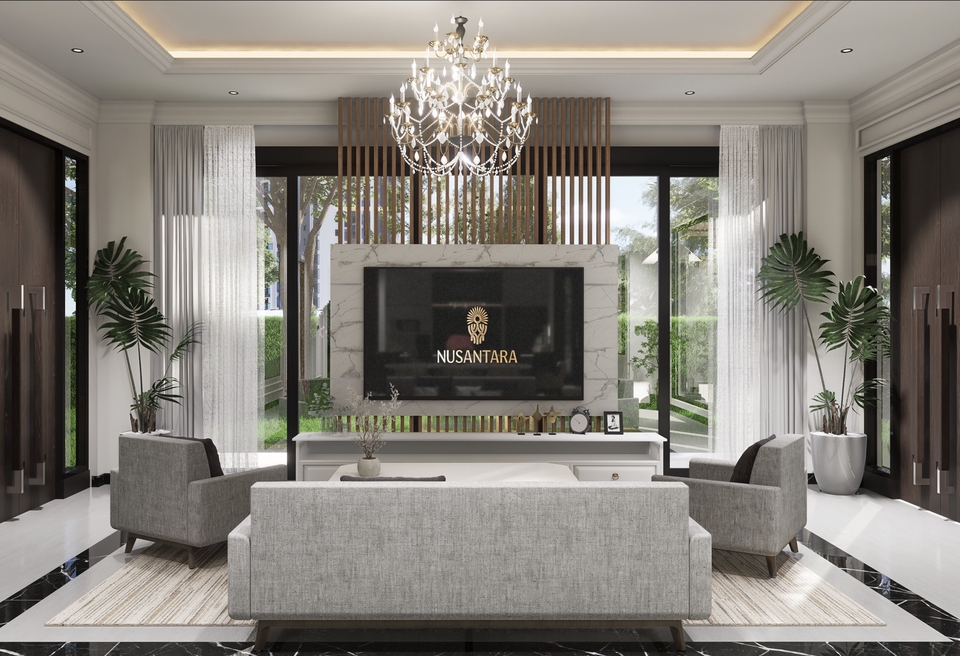 Jasa desain interior ruang tamu dengan gaya minimalis modern dan penggunaan warna netral untuk menciptakan suasana yang tenang dan nyaman.