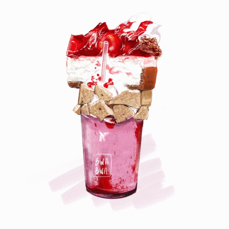 Ilustrasi minuman milkshake strawberry dengan topping cake dan biskuit, desain grafis ilustrasi minuman
