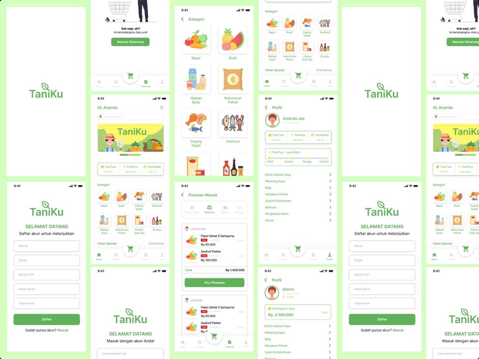 Desain UI UX mobile app Taniku untuk platform freelance Indonesia.