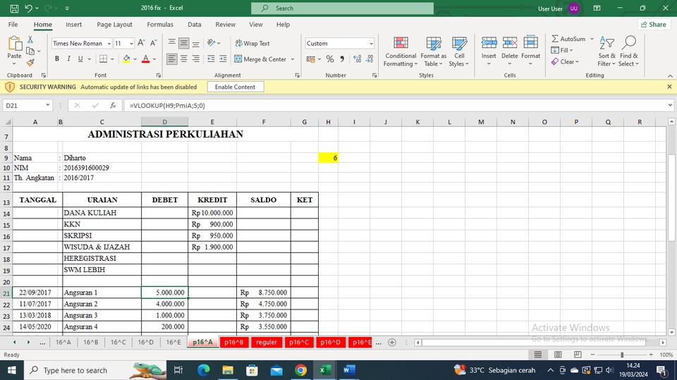 Jasa data entry excel untuk administrasi perkuliahan, meliputi input data mahasiswa, tagihan, dan saldo.