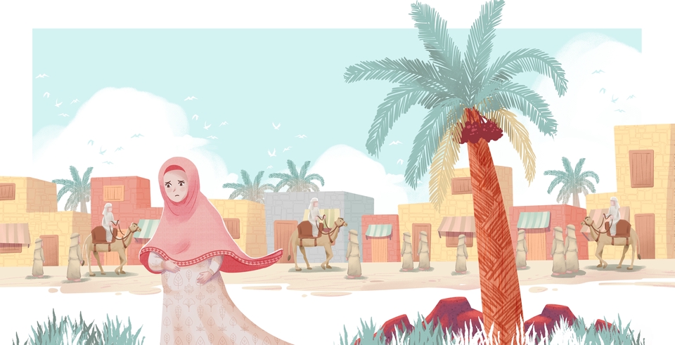 Ilustrasi seorang wanita berhijab sedang berjalan di tengah padang pasir dengan latar belakang pohon kurma dan bangunan khas Timur Tengah.