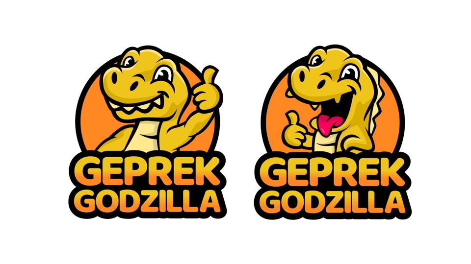 Logo Geprek Godzilla dengan gambar dinosaurus lucu, cocok untuk usaha kuliner makanan ayam geprek.