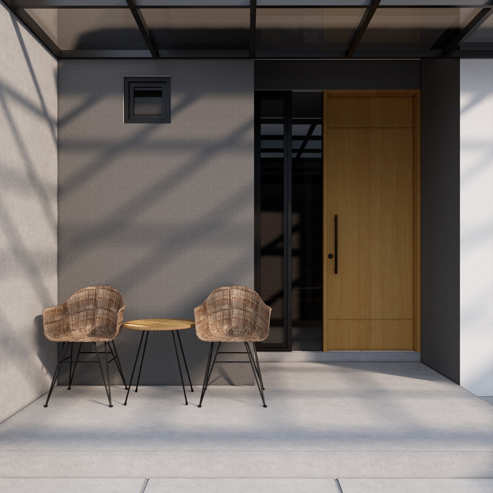Desain eksterior rumah minimalis dengan dua kursi dan meja kayu di teras, jasa desain exterior 3d.
