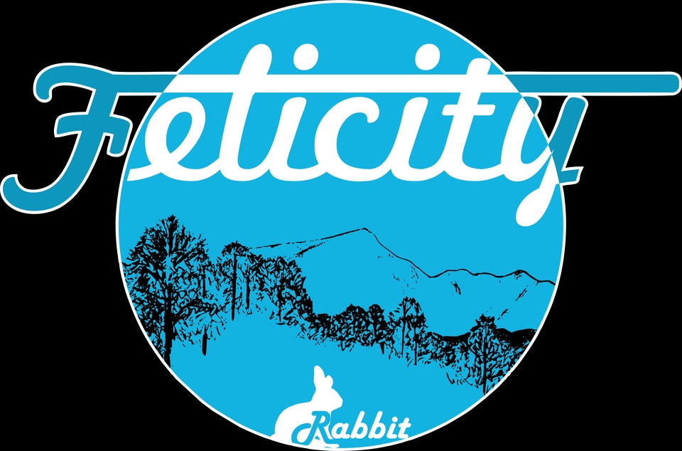 Desain logo modern dengan warna biru dan putih, menampilkan gambar kelinci dan tulisan "Felicity Rabbit" yang cocok untuk logo perusahaan