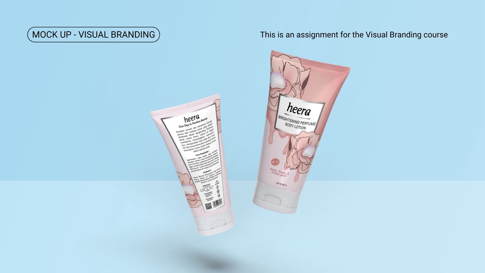 Desain logo botol lotion dengan warna pink dan bunga untuk merk Heera