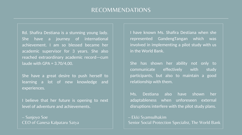 Rekomendasi online untuk Shafira Destiana, menunjukkan kualitas dan kemampuannya sebagai pekerja profesional dalam bidang pendidikan dan pengembangan.