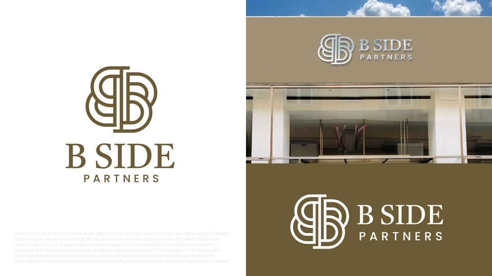 Jasa desain logo perusahaan B Side Partners dengan logo minimalis elegan berwarna coklat.