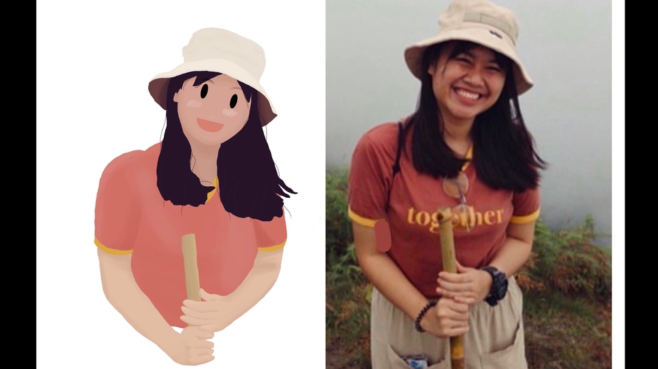 รับวาดภาพเหมือนการ์ตูน ภาพเหมือนหญิงสาวในชุดท่องเที่ยว สวมหมวก ใส่เสื้อยืดสีแดง เขียนคำว่า together วาดด้วยสีสันสดใส