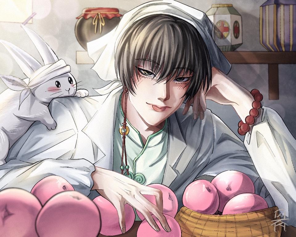 วาดภาพประกอบดิจิตอลเพ้นท์  ภาพชายหนุ่มหมอจีนและกระต่าย