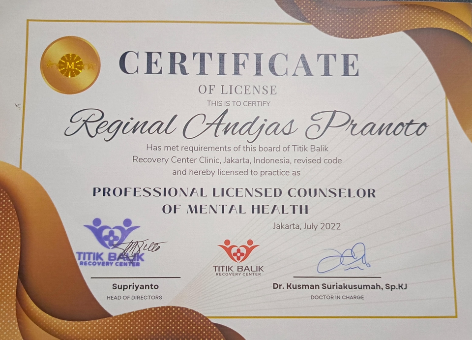 Sertifikat **Jasa Pengembangan Diri** Reginal Andjas Pranoto, terlisensi sebagai konselor profesional kesehatan mental oleh Recovery Center Clinic, Jakarta, Indonesia.