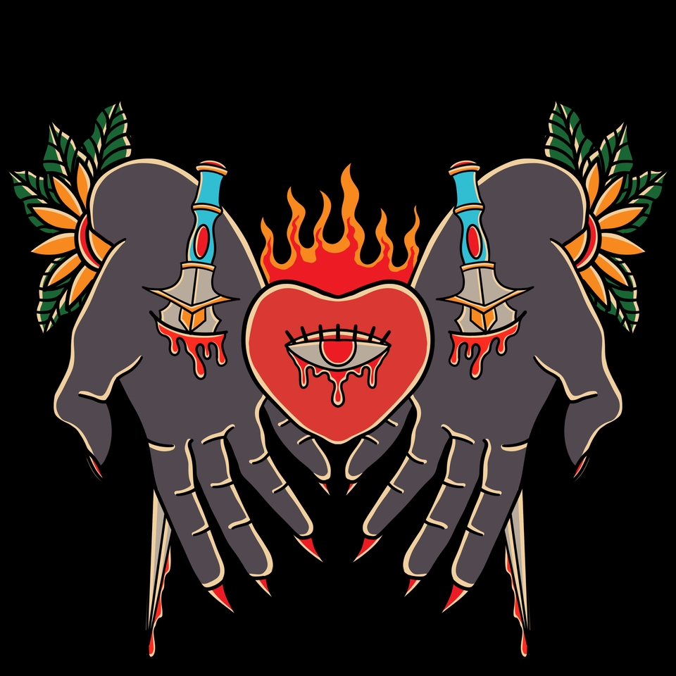 Desain kaos dengan gambar tangan memegang pisau dan hati terbakar dengan mata