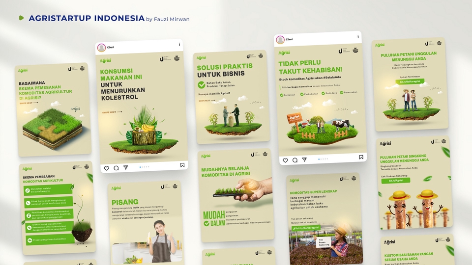 Desain banner instagram untuk promosi bisnis agrikultur, dengan gambar pisang, sayur, dan tanaman