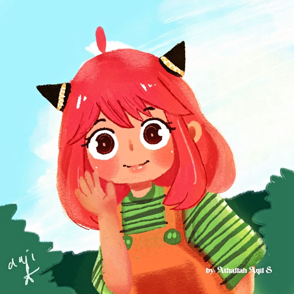 Jasa Ilustrasi Gambar Kartun Hewan Lucu dengan Rambut Merah Muda dan Topi Kuning