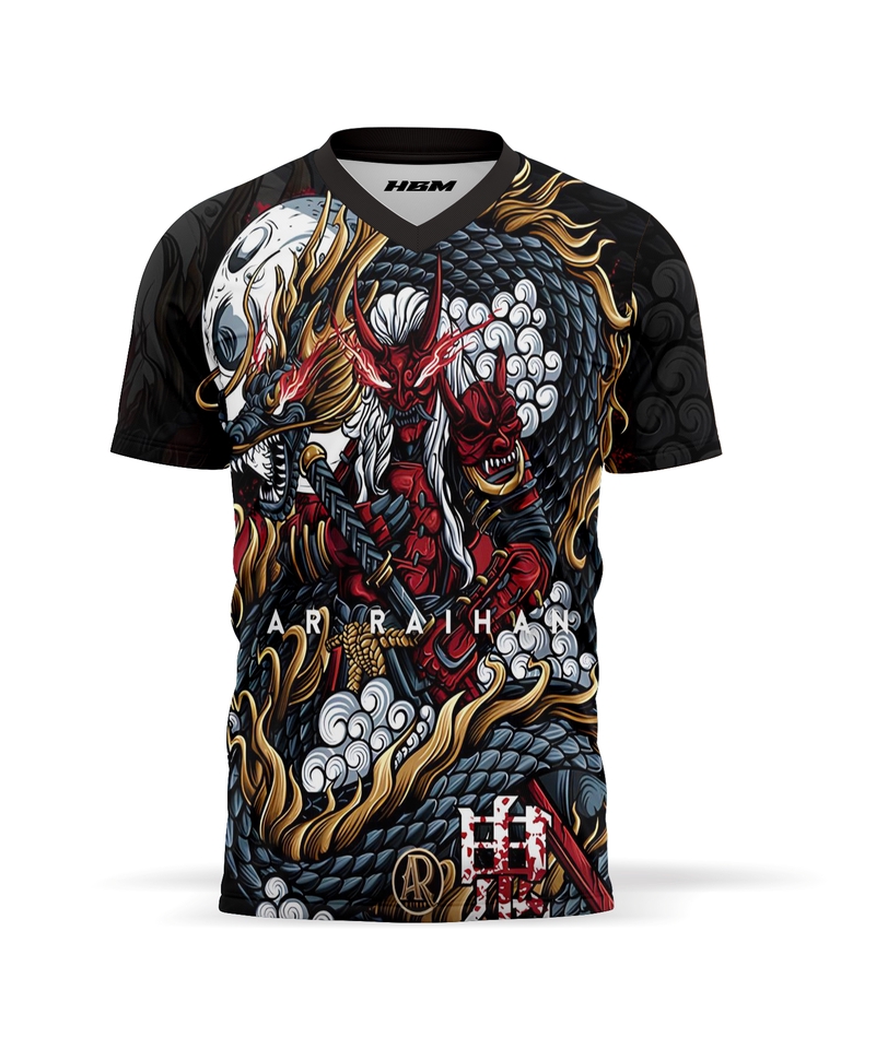 Desain kaos distro pria dengan motif samurai Jepang keren dan modern, cocok untuk desain kaos custom.