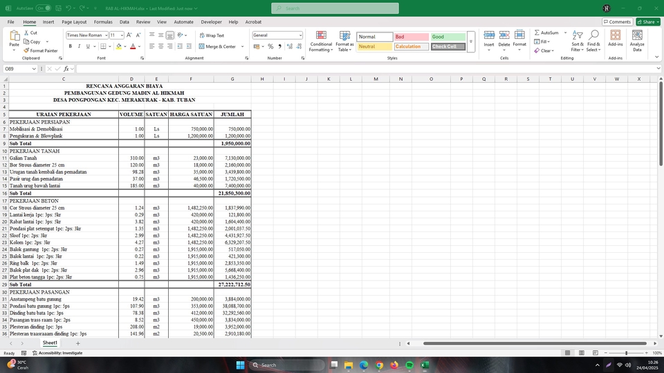 Jasa Data Entry Excel: Contoh Spreadsheet Data Entry untuk Anggaran Biaya Pekerjaan
