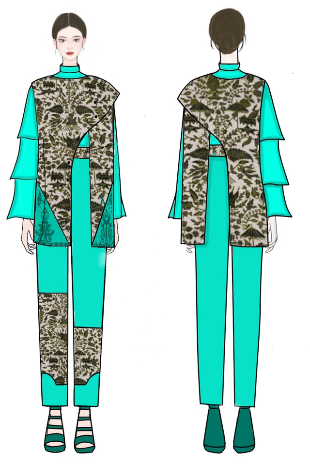 Jasa desain ilustrasi fashion wanita dengan pakaian bermotif abstrak, hijab, dan celana panjang warna biru.