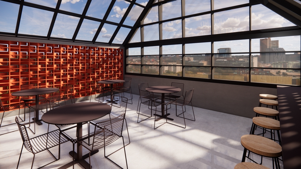 Jasa desain interior cafe minimalis modern dengan furniture kayu dan jendela kaca besar untuk tempat usaha di Indonesia.