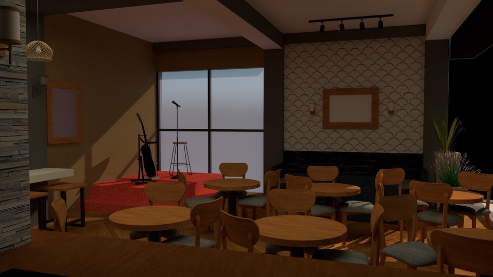 Desain interior ruang tamu modern dengan furnitur kayu dan meja makan minimalis.