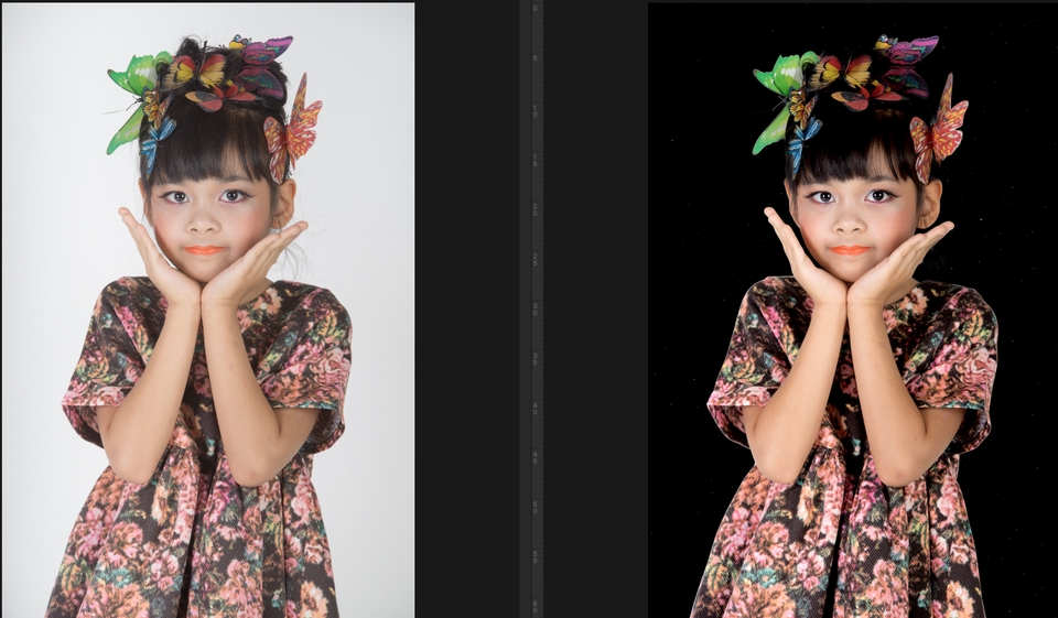 รับแต่งรูปภาพ เด็กหญิงน่ารักใส่ชุดดอกไม้ สวมเครื่องประดับผีเสื้อ