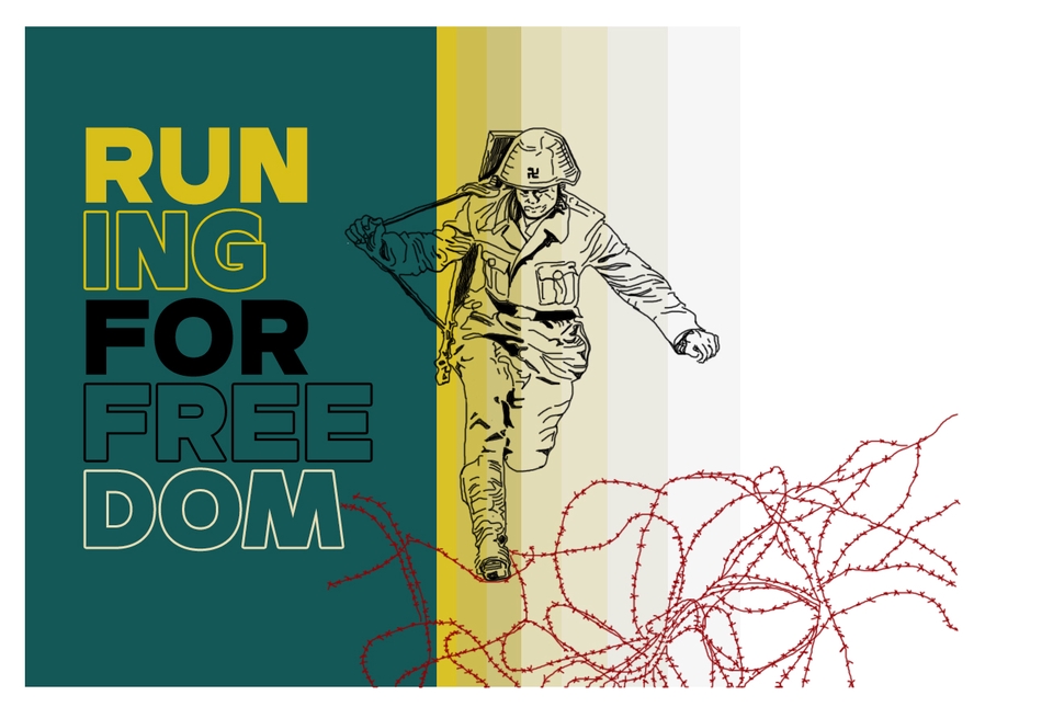 Ilustrasi seorang prajurit berlari untuk kebebasan dengan kawat berduri di latar belakang.