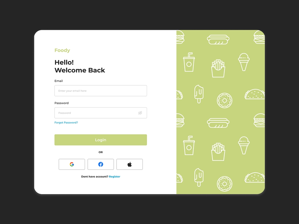 Desain mockup login website ui ux untuk aplikasi foodi dengan ilustrasi makanan.