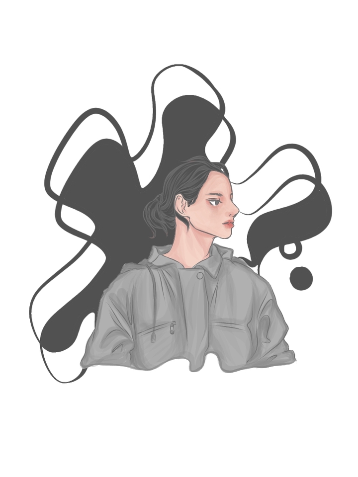 Desain karakter perempuan dengan gaya kartun dan latar belakang abstrak.