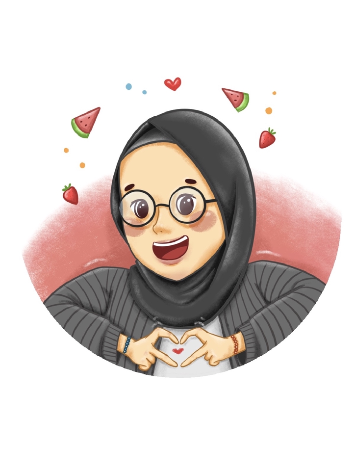 Ilustrasi wanita berhijab tersenyum dengan latar belakang warna merah muda dan buah semangka.  Jasa ilustrasi, jasa gambar kartun, desain ilustrasi, gambar ilustrasi.